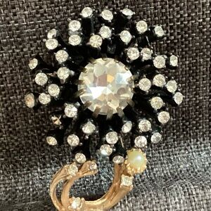 Vintage Floral Brooch, Black Background W/rhinestones, Brushed Gold W/pearl.